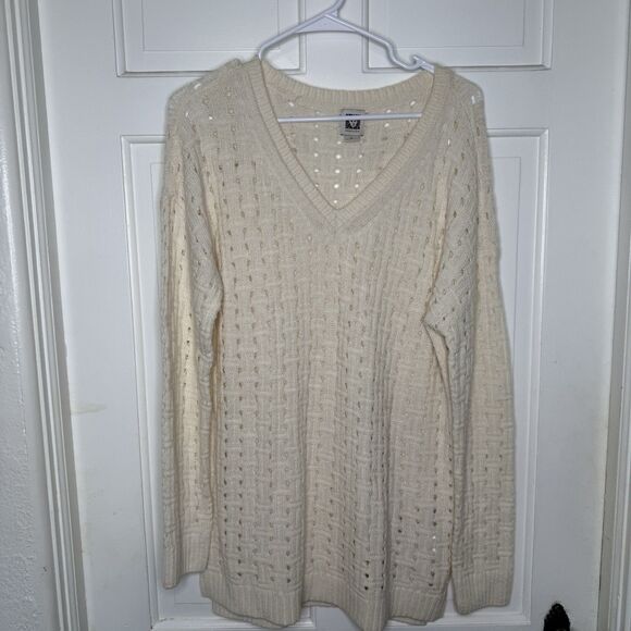 Anne Klein XL Cream V Neck Sweater Wool Angora Blend Open Knit Pullover Textured - Picture 1 of 4